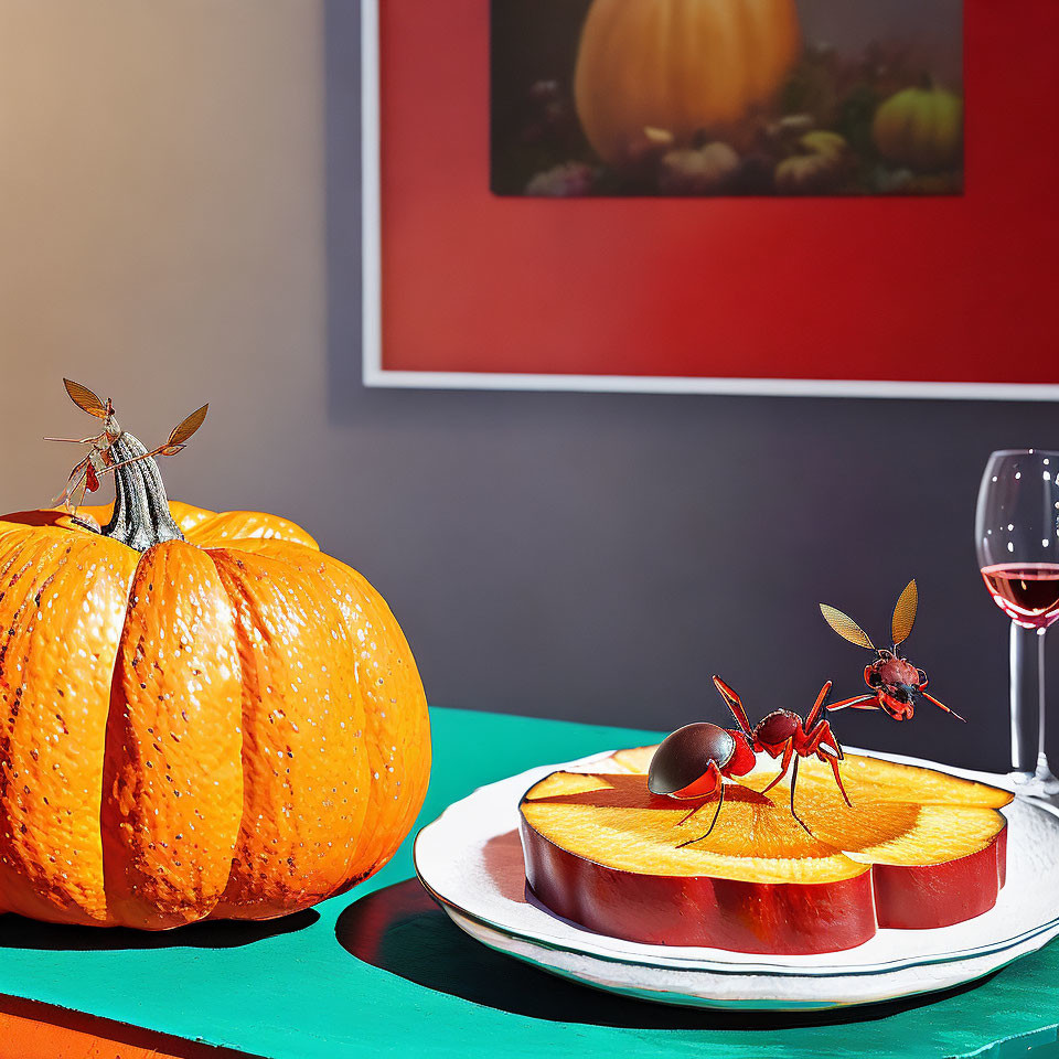 Pumpkin pie, wine, ants, and painting in still life composition