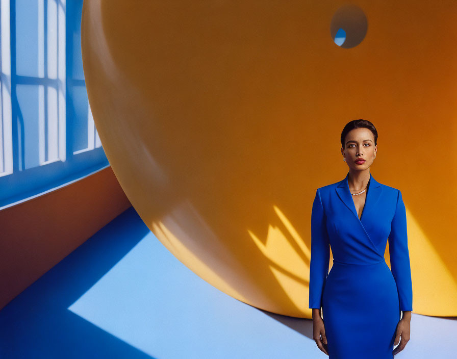 Woman in Blue Dress Poses by Yellow Sphere in Sunlit Room