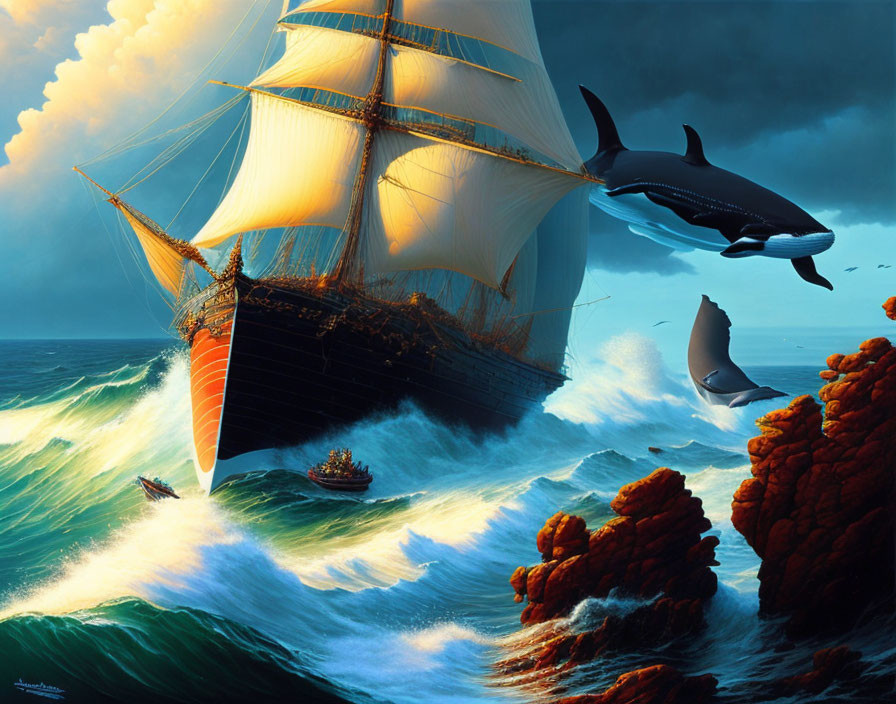 Ship sailing on rough seas near rocky coast with leaping orca and dark clouds