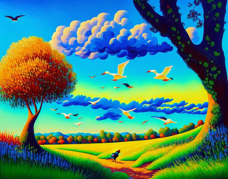 Colorful landscape with walking person, birds, and swirling sky