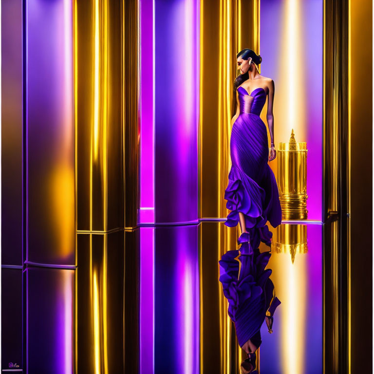 Person in Strapless Purple Gown on Vibrant Background