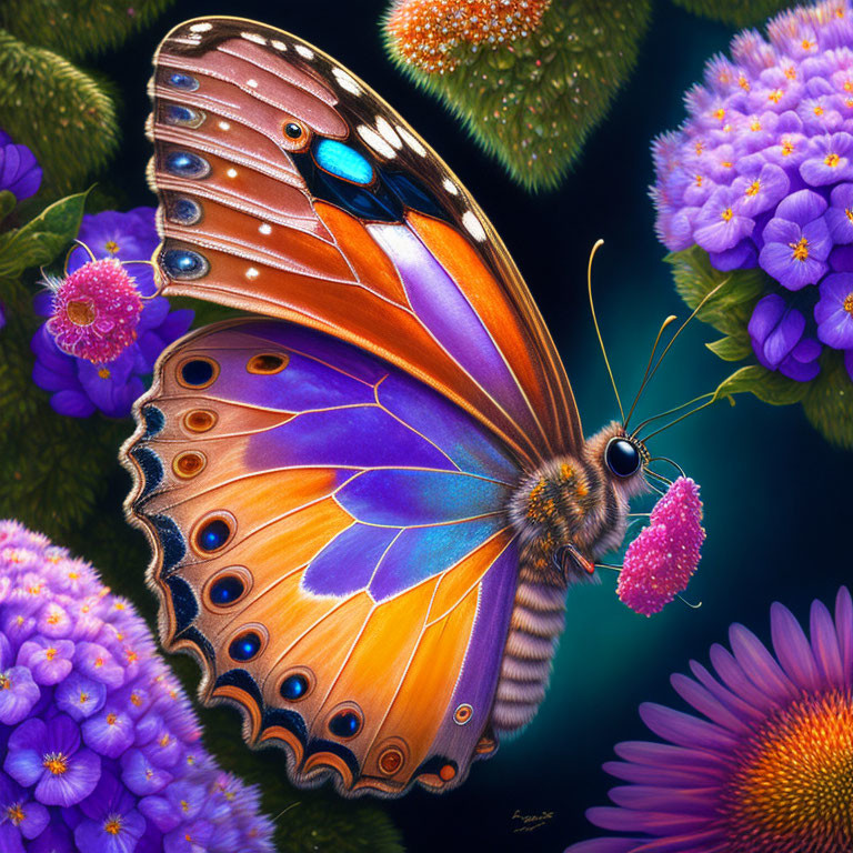 Colorful butterfly on pink flower surrounded by purple blooms and greenery