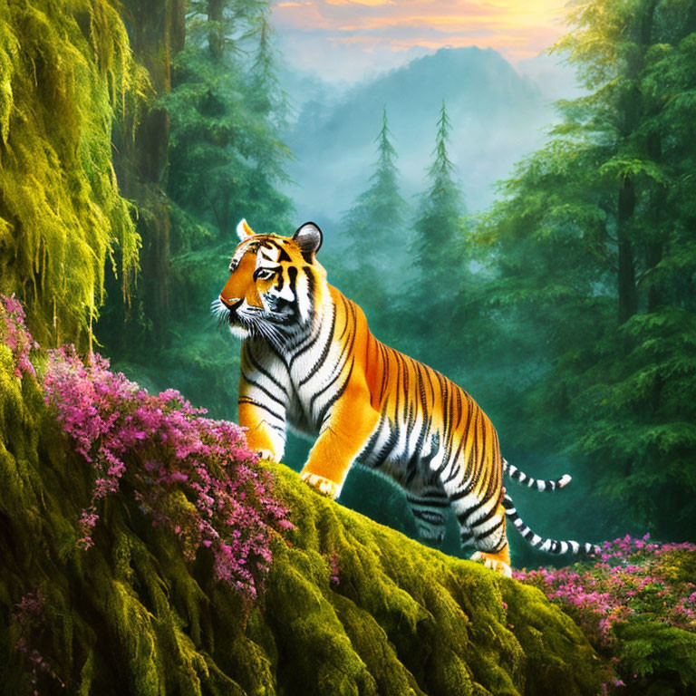 Majestic tiger in vibrant forest with hanging moss and pink flowers