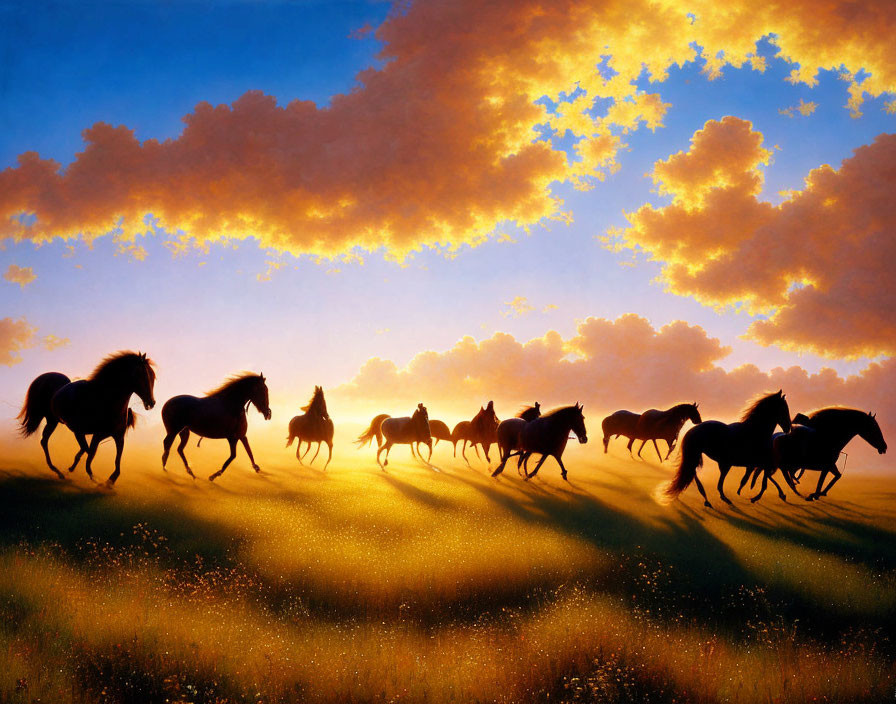 Herd of horses gallop in sunset field with golden light and vibrant sky