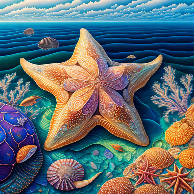 Colorful Underwater Scene with Starfish, Sea Life, Coral, and Turtle