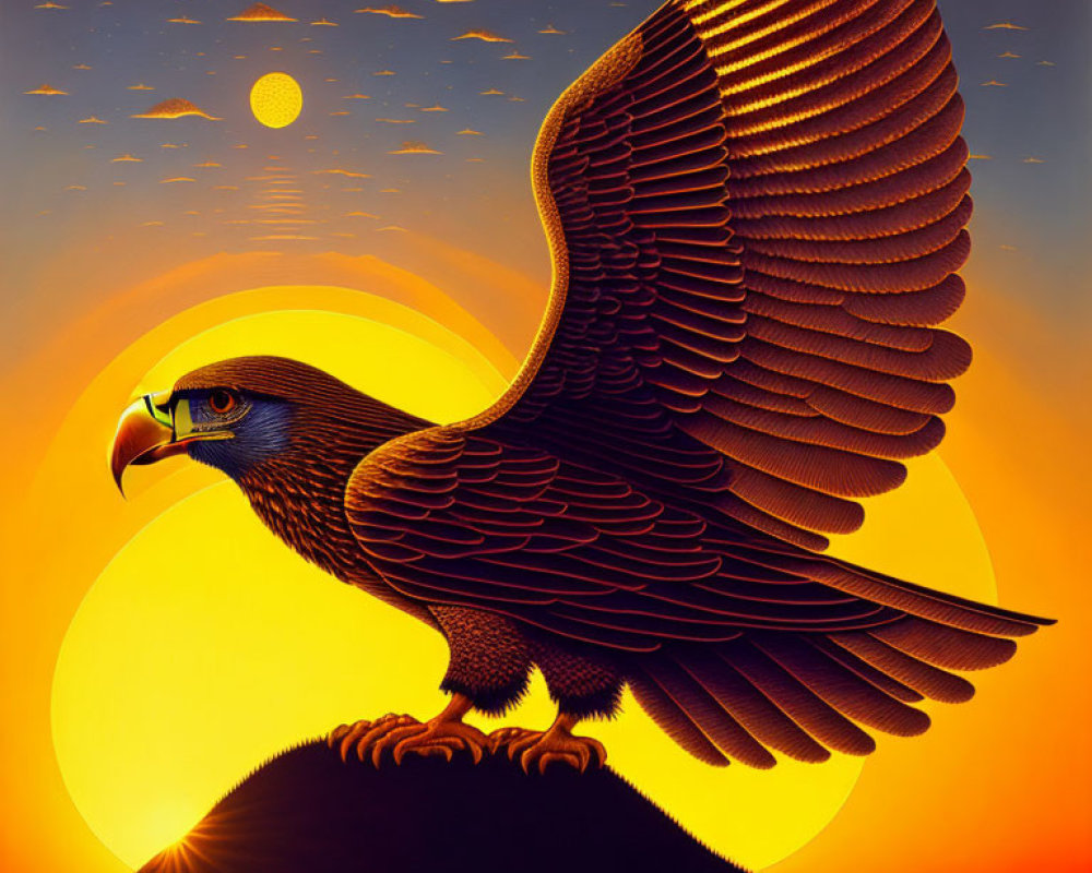 Majestic eagle perched on mountain at sunset with sun and moon in amber sky