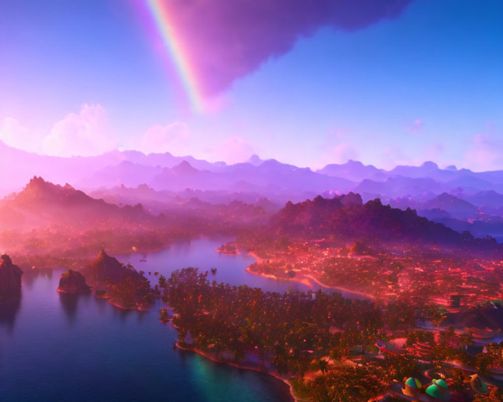 Scenic landscape with rainbow over serene lake, mountains, and trees at sunset