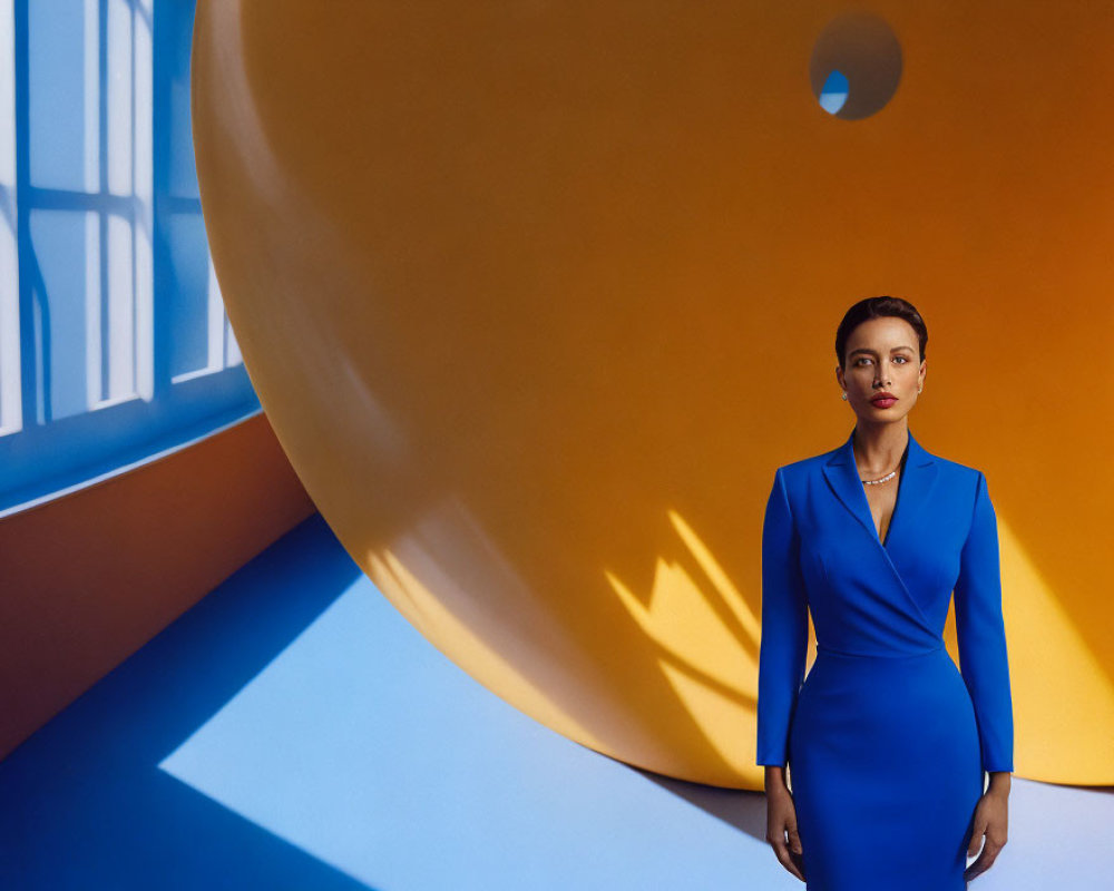 Woman in Blue Dress Poses by Yellow Sphere in Sunlit Room