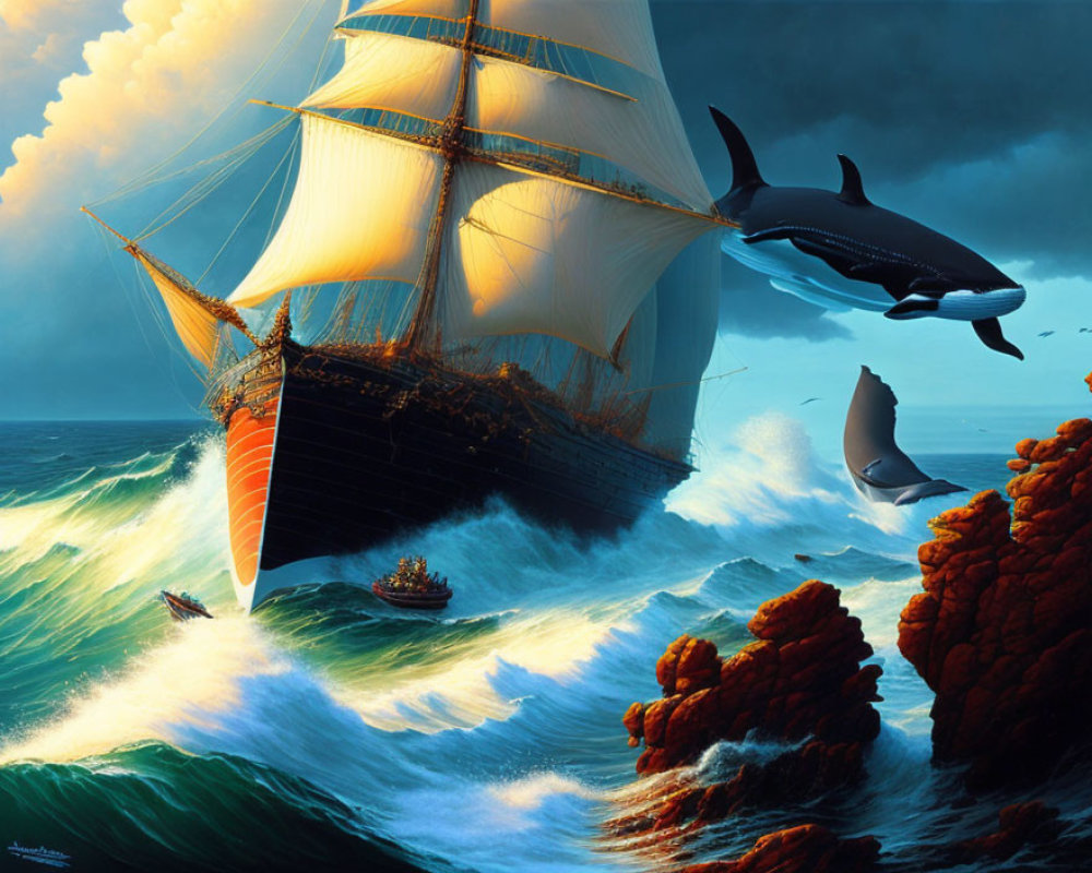 Ship sailing on rough seas near rocky coast with leaping orca and dark clouds