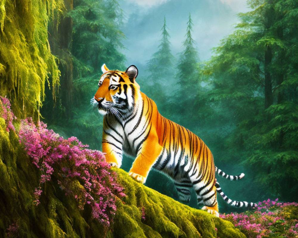 Majestic tiger in vibrant forest with hanging moss and pink flowers