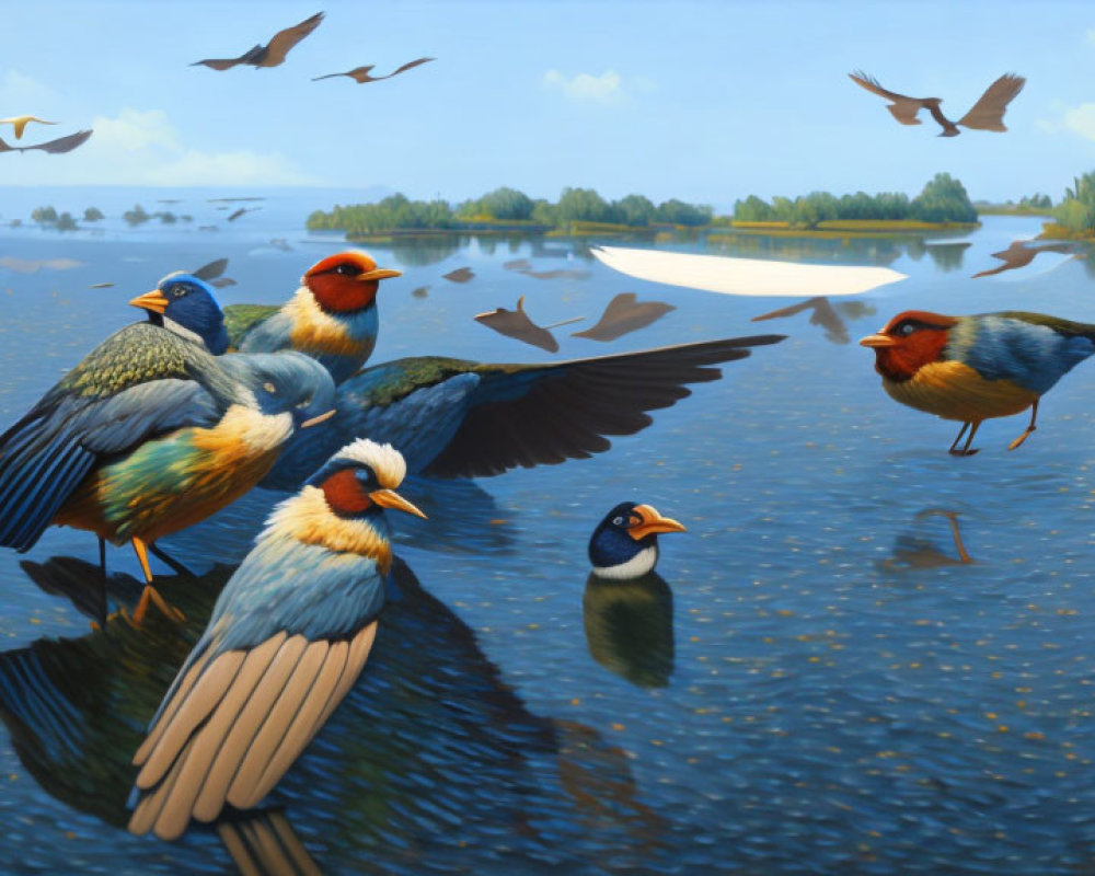 Colorful Birds in Flight Over Serene Water Landscape