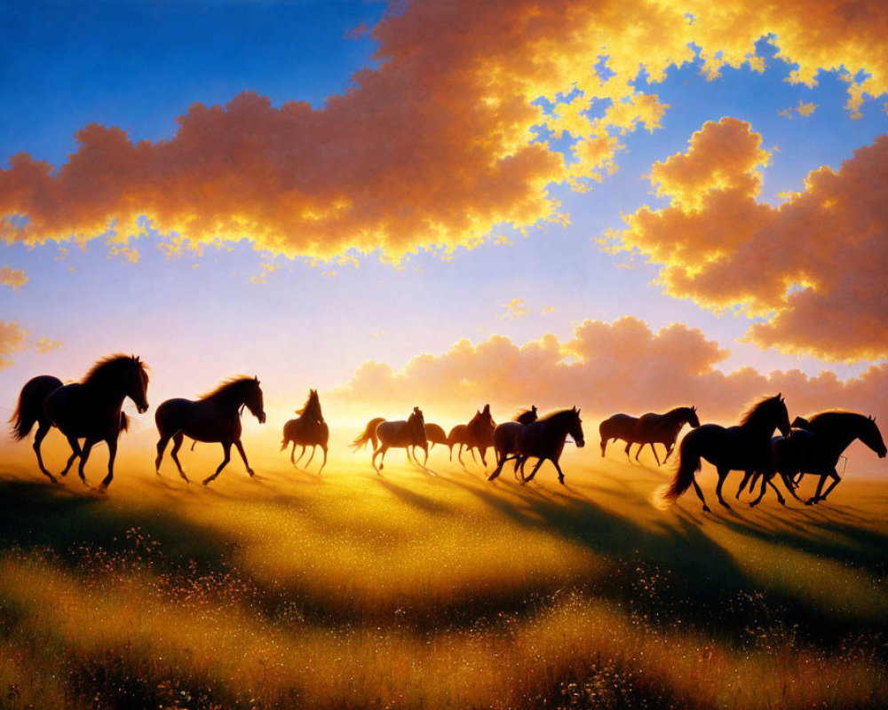 Herd of horses gallop in sunset field with golden light and vibrant sky