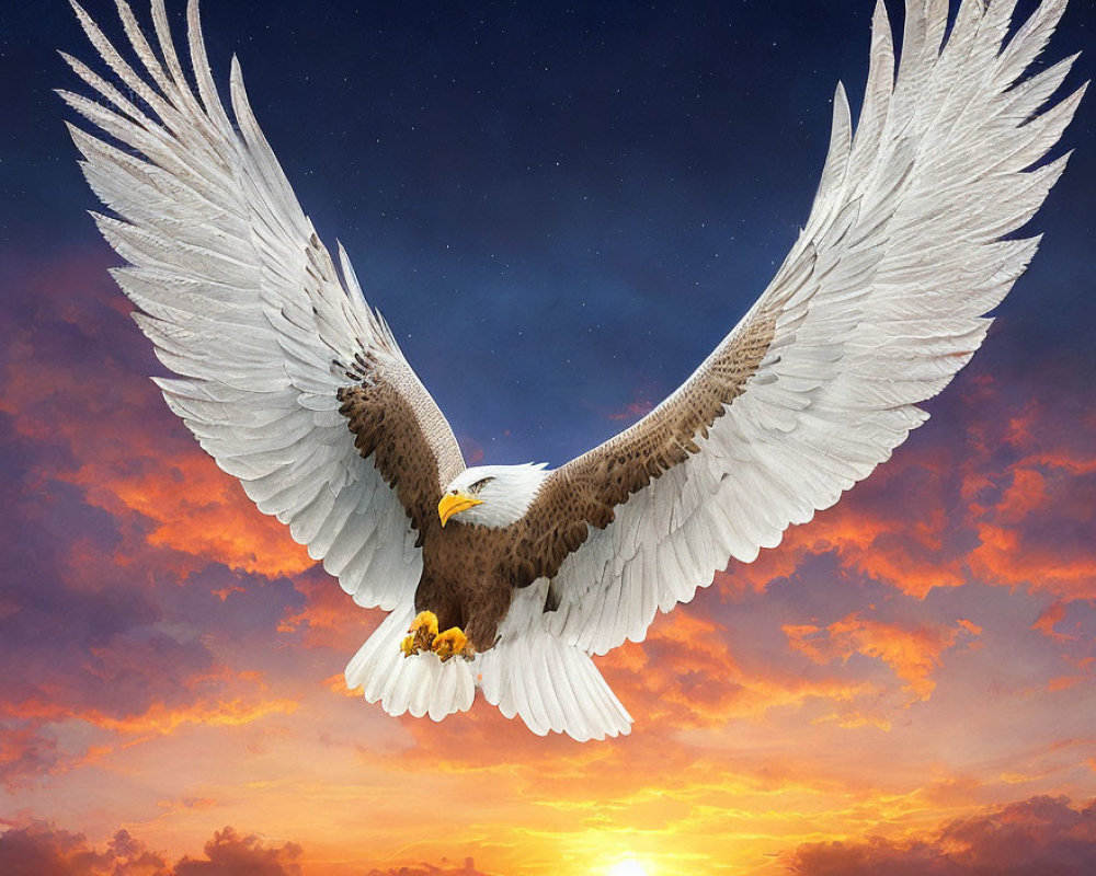 Majestic bald eagle soaring in dramatic sky at sunset