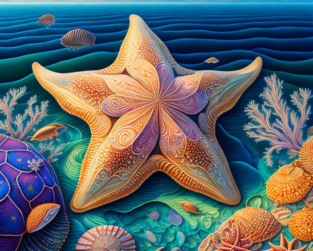 Colorful Underwater Scene with Starfish, Sea Life, Coral, and Turtle