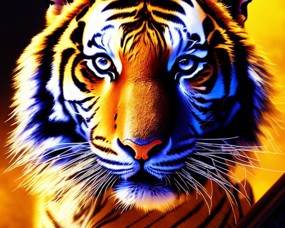 Colorful Tiger Face Artwork with Blue Eyes on Fiery Background