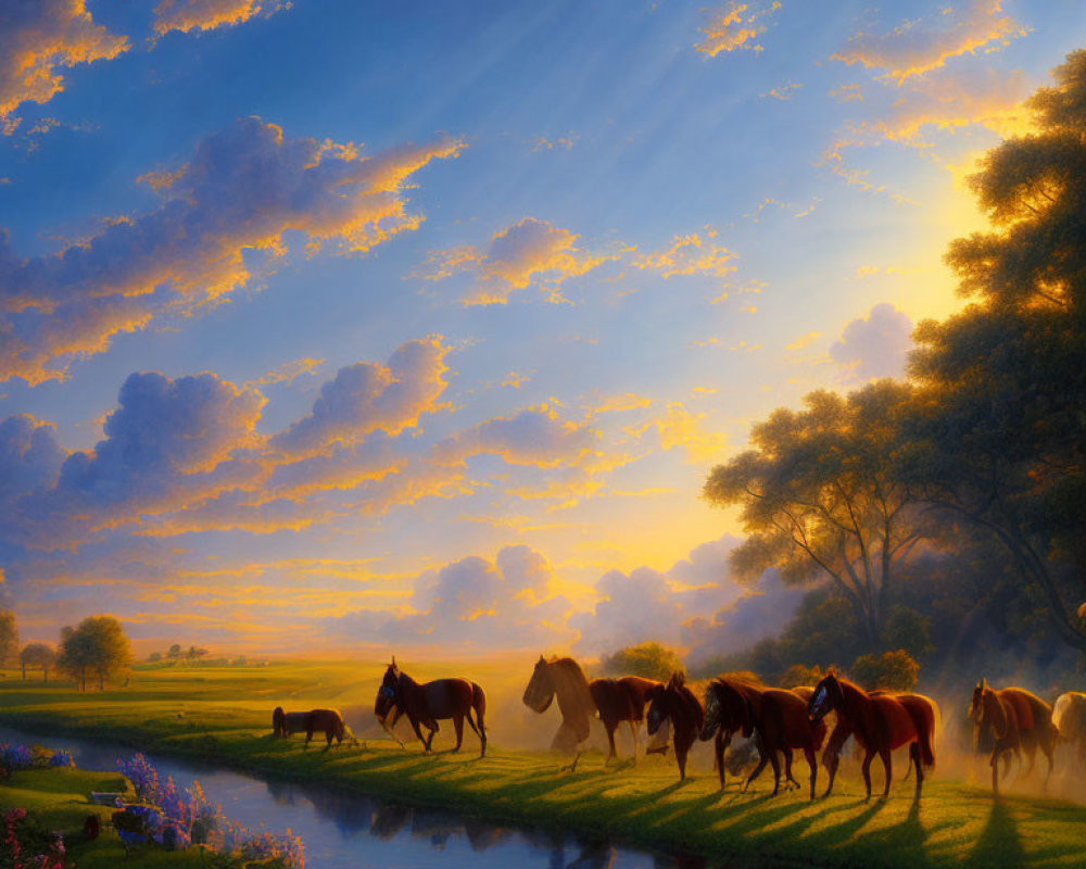 Herd of horses grazing near serene river at sunrise