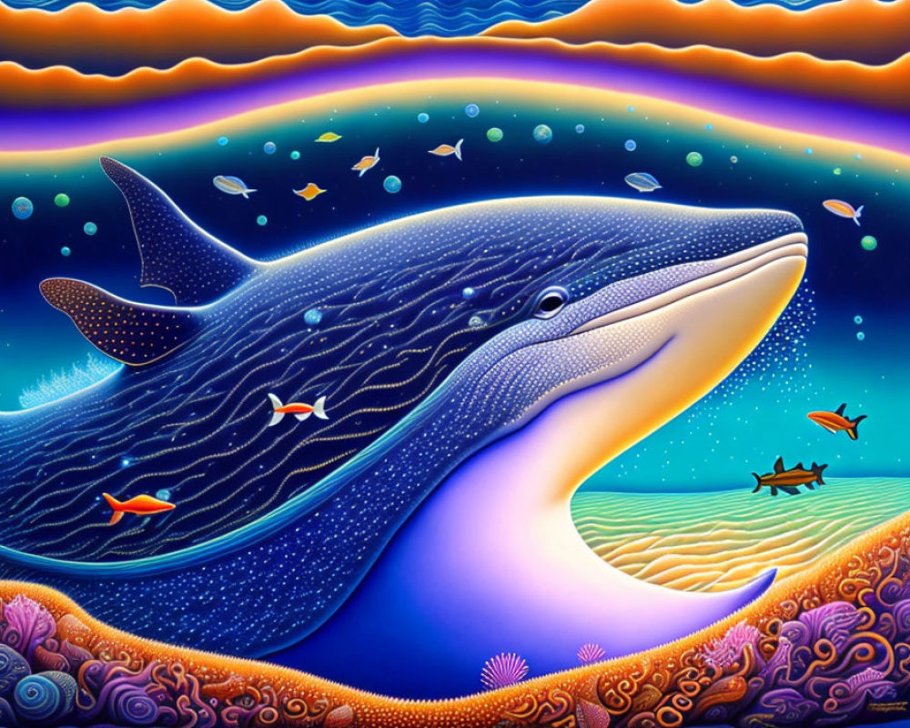 Colorful Smiling Whale in Psychedelic Ocean Scene