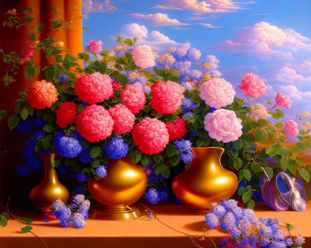 Colorful hydrangeas and roses in golden vases under dreamy sky with clouds