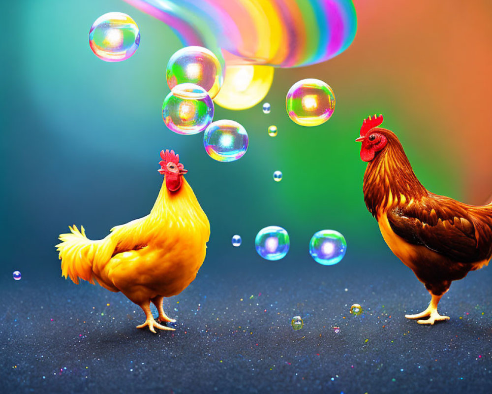 Colorful Rooster with Rainbow and Bubbles in Multicolored Background