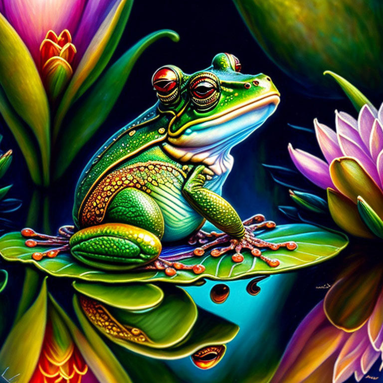 Vibrant stylized frog on lily pad with colorful flowers and water droplets.