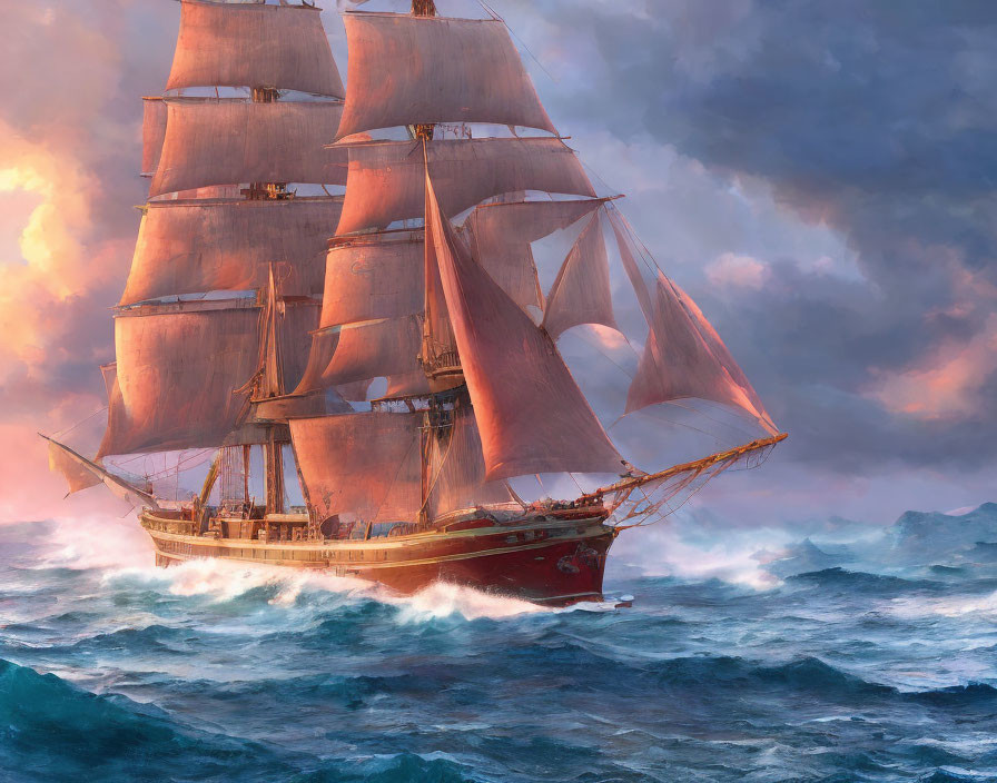 Tall ship with full sails on rough seas at sunset