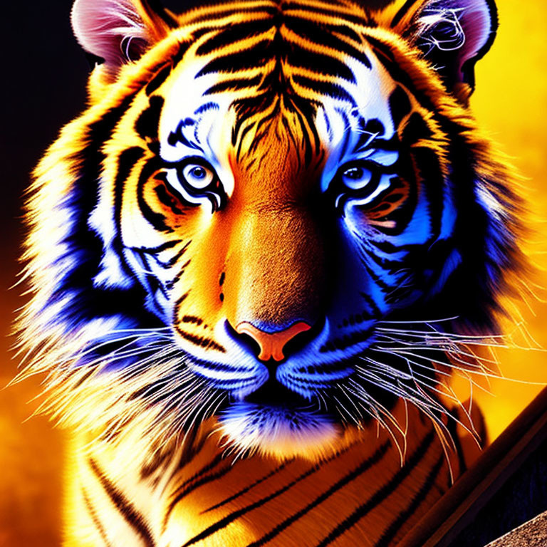 Colorful Tiger Face Artwork with Blue Eyes on Fiery Background