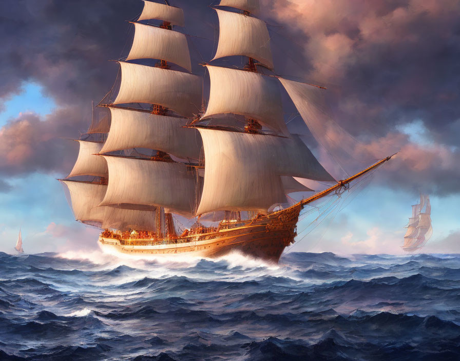 Sailing ship with billowing sails on turbulent ocean waves at sunset