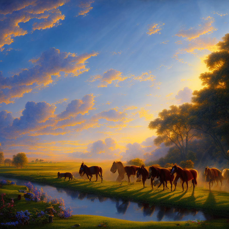 Herd of horses grazing near serene river at sunrise