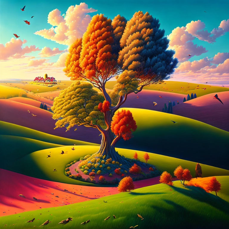 Colorful Surreal Landscape with Rolling Hills, Tree, Birds, and Figures