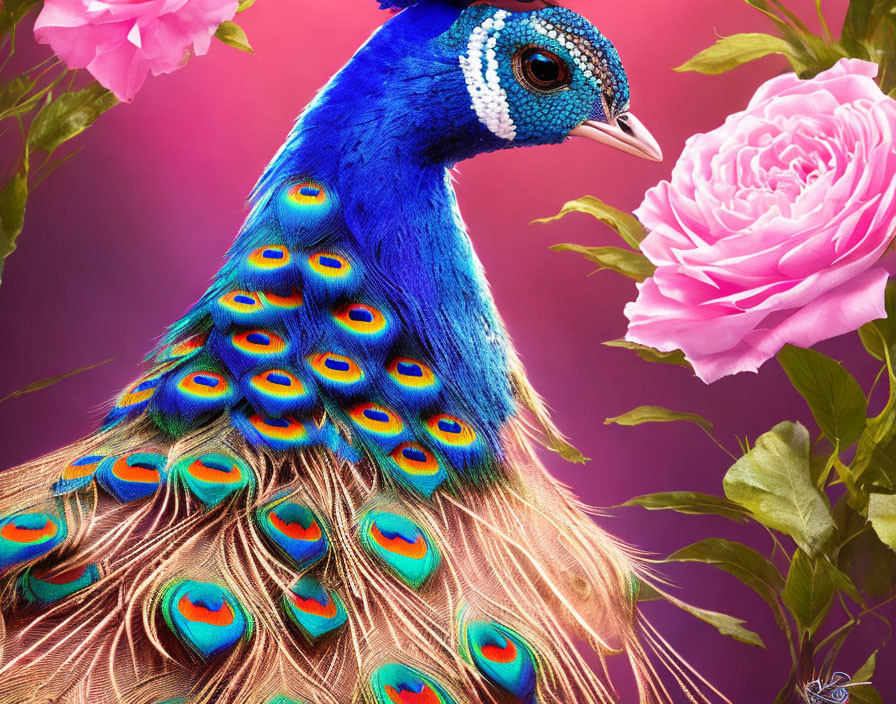 Colorful Peacock with Blue and Green Plumage on Pink Background with Blooming Roses