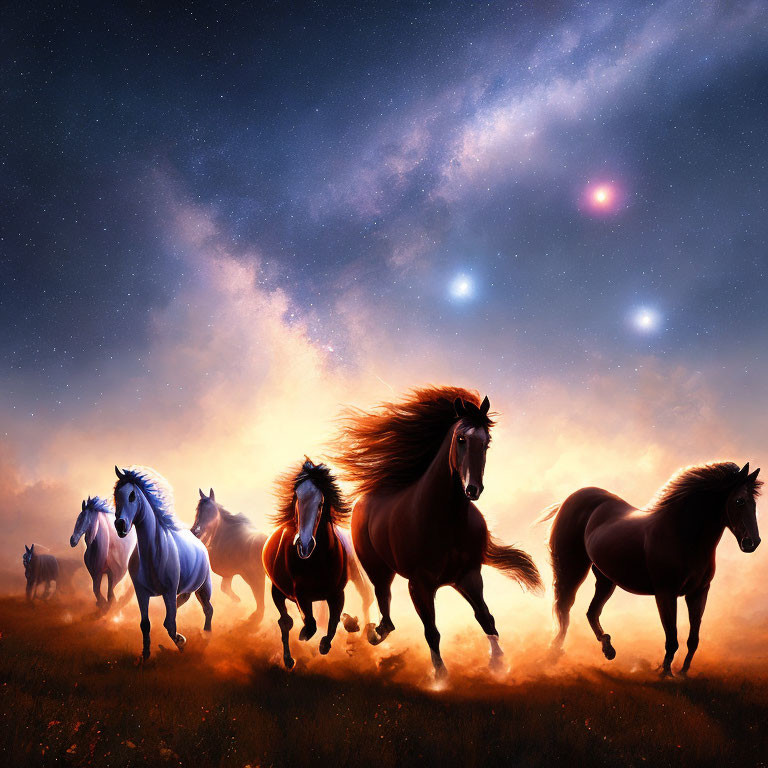 Majestic horses gallop under starlit sky