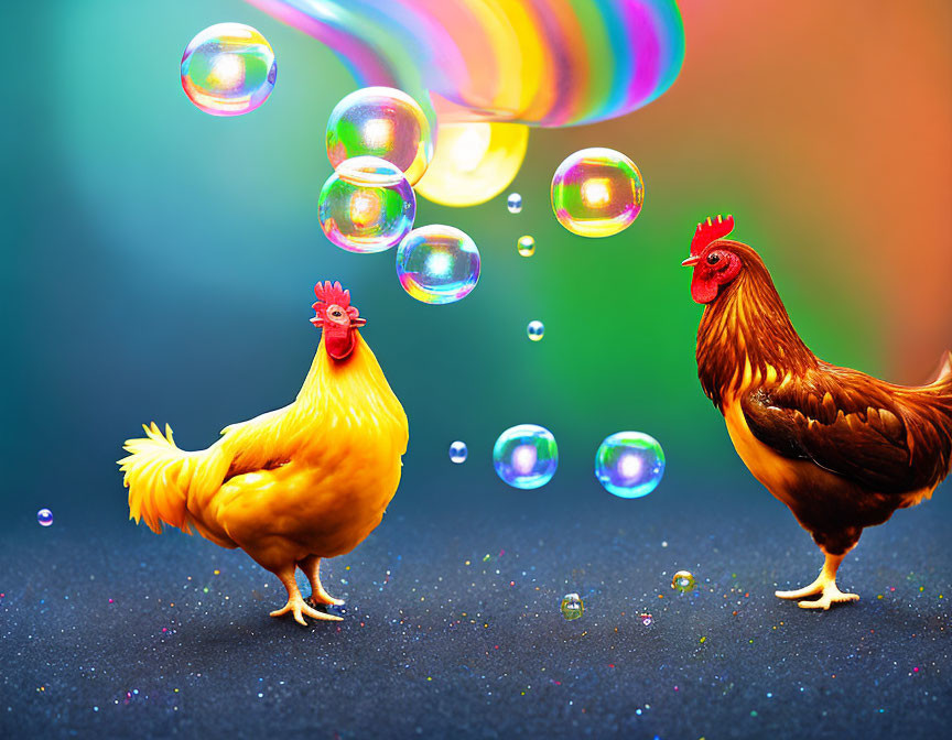 Colorful Rooster with Rainbow and Bubbles in Multicolored Background