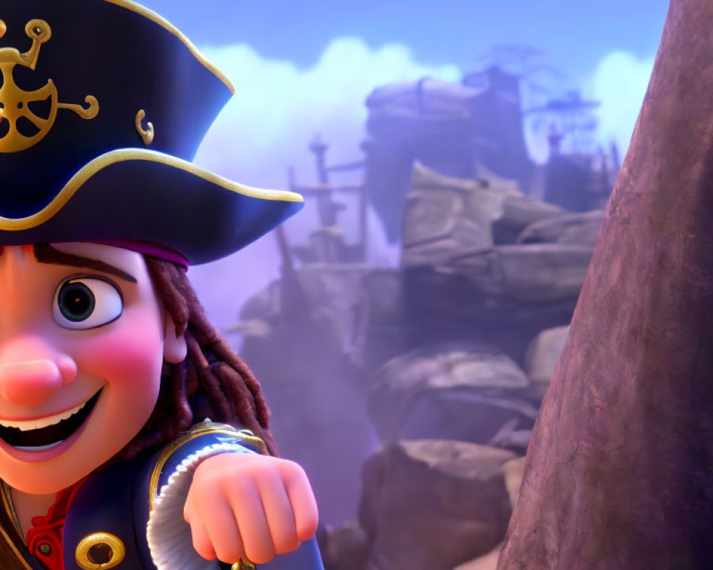 Cheerful animated pirate with tricorn hat, sword, and shipwrecks in misty