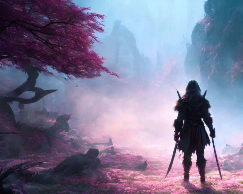 Solitary warrior in mystical forest with pink foliage and foggy atmosphere