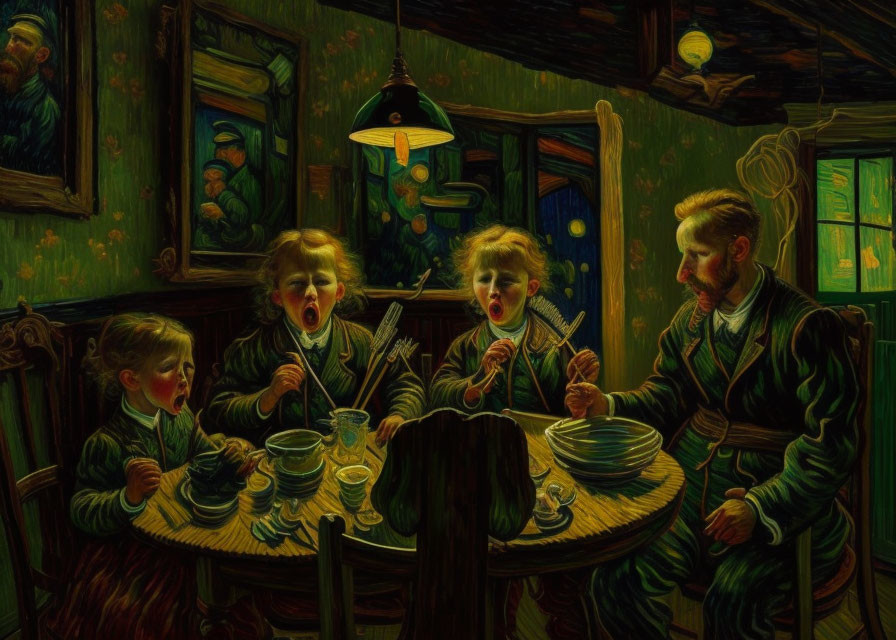 Family of Five Dining Table Scene Illuminated by Green Lamp