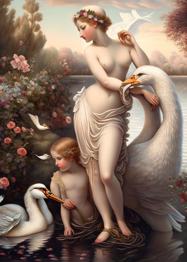 Classical-style painting of nude woman with swans and child by lakeside