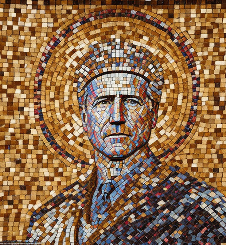 Colorful Mosaic Portrait with Radiating Halo Pattern