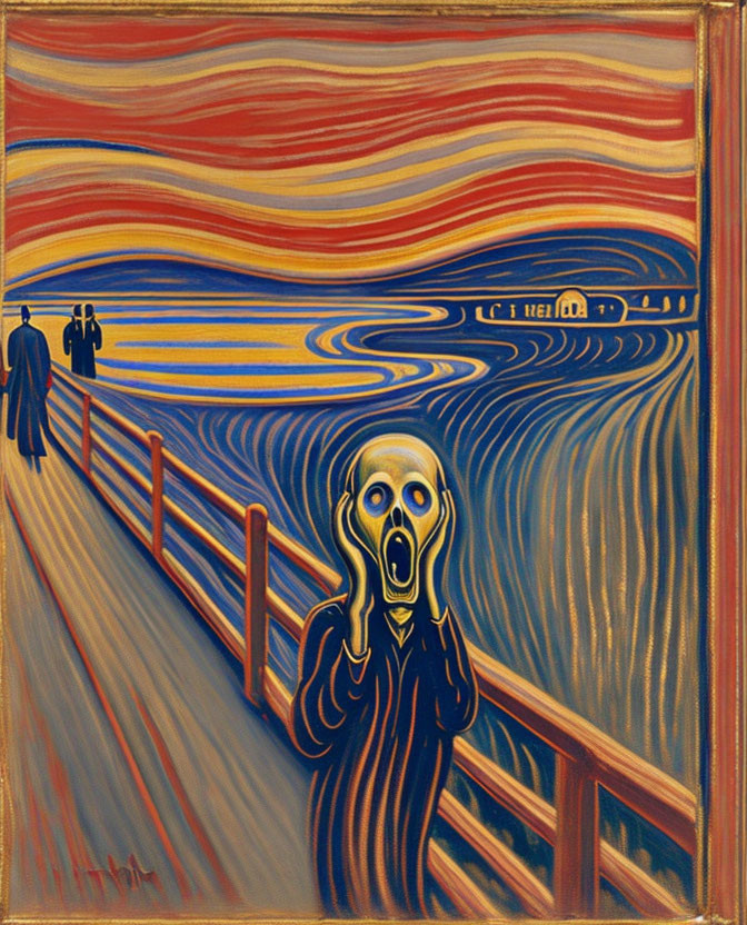 Figure with anguished expression on bridge with swirling sky colors.