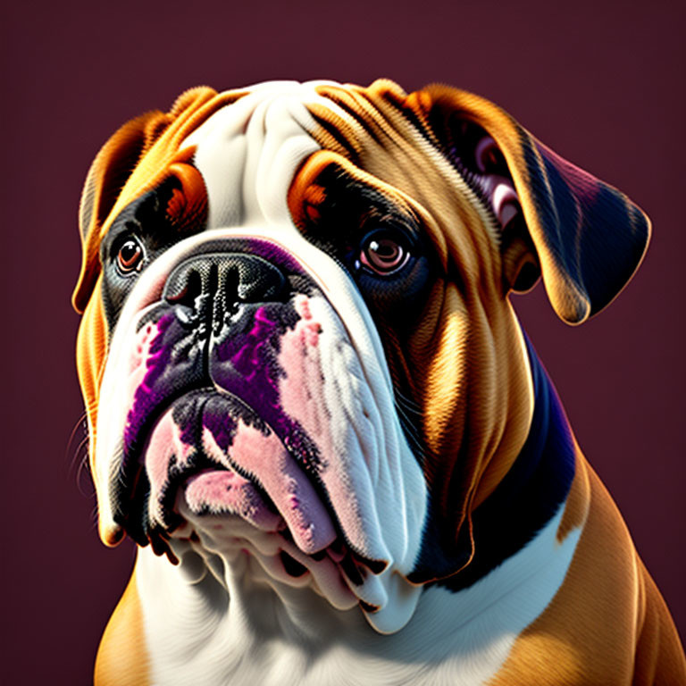 Detailed Bulldog Portrait with Rich Colors & Dark Purple Background