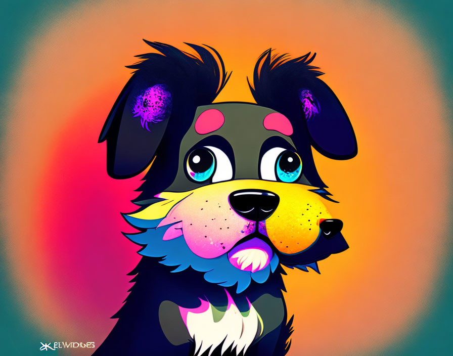 Vibrant Cartoon Dog Illustration with Turquoise and Pink Patches