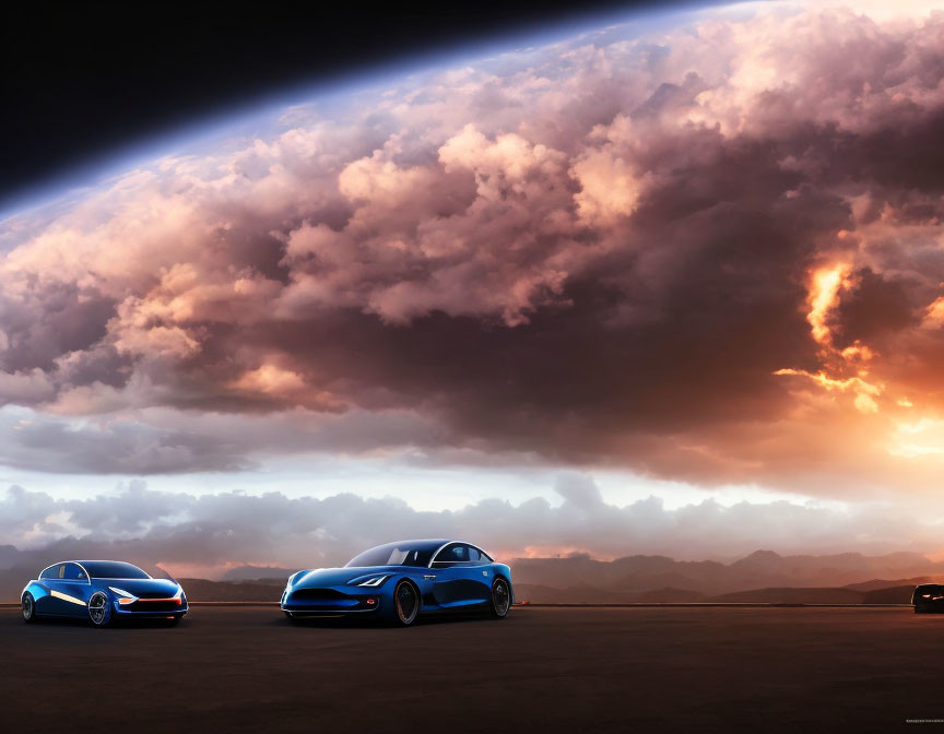 Sleek cars under dramatic sunset sky in barren landscape