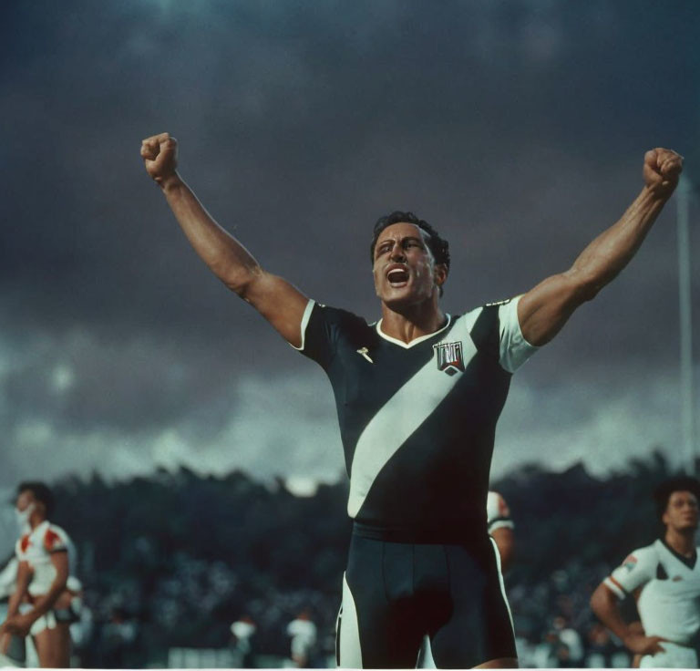 Athlete in Black and White Uniform Celebrates Victory on Sports Field