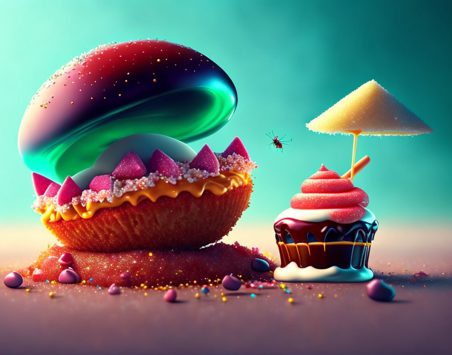 Colorful Cosmic Burger, Cupcake with Umbrella, Candies, and Mosquito in Whims