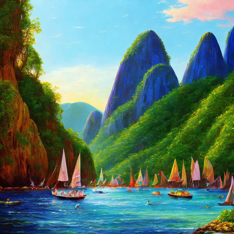 Colorful sailboats on calm river with green hills and blue sky