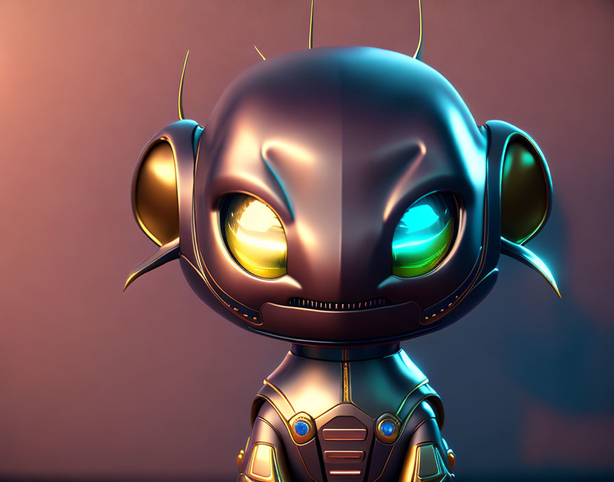 Futuristic animated robot with glowing eyes and metallic body on warm backdrop