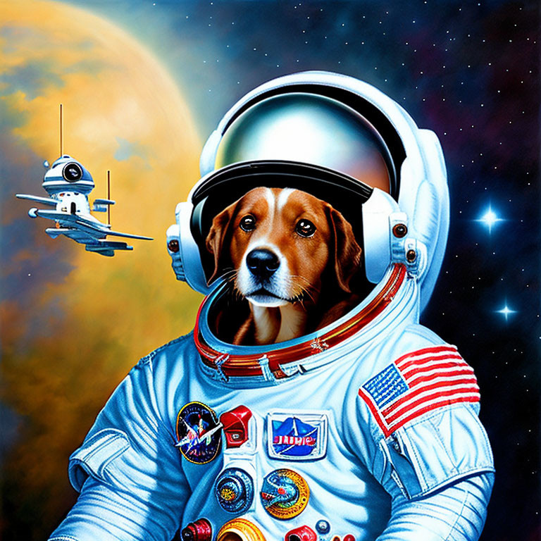 Whimsical dog astronaut in cosmic setting with stars and spacecraft