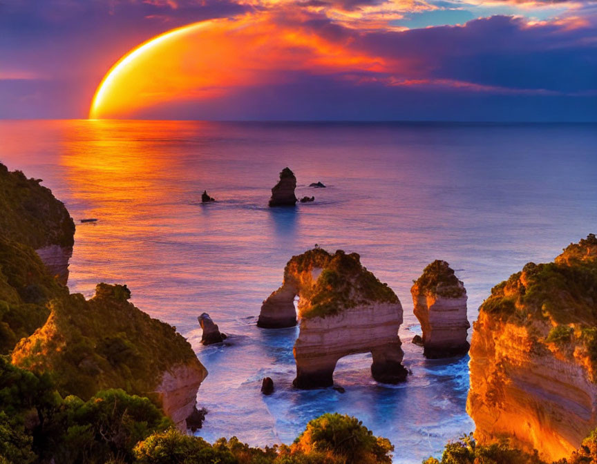 Scenic coastal landscape with vibrant sunset and rock formations