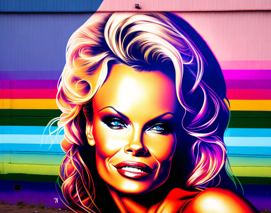 Colorful mural featuring smiling woman with blonde hair on urban wall