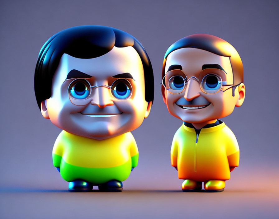 Stylized animated tech icon characters with exaggerated features in colorful clothes