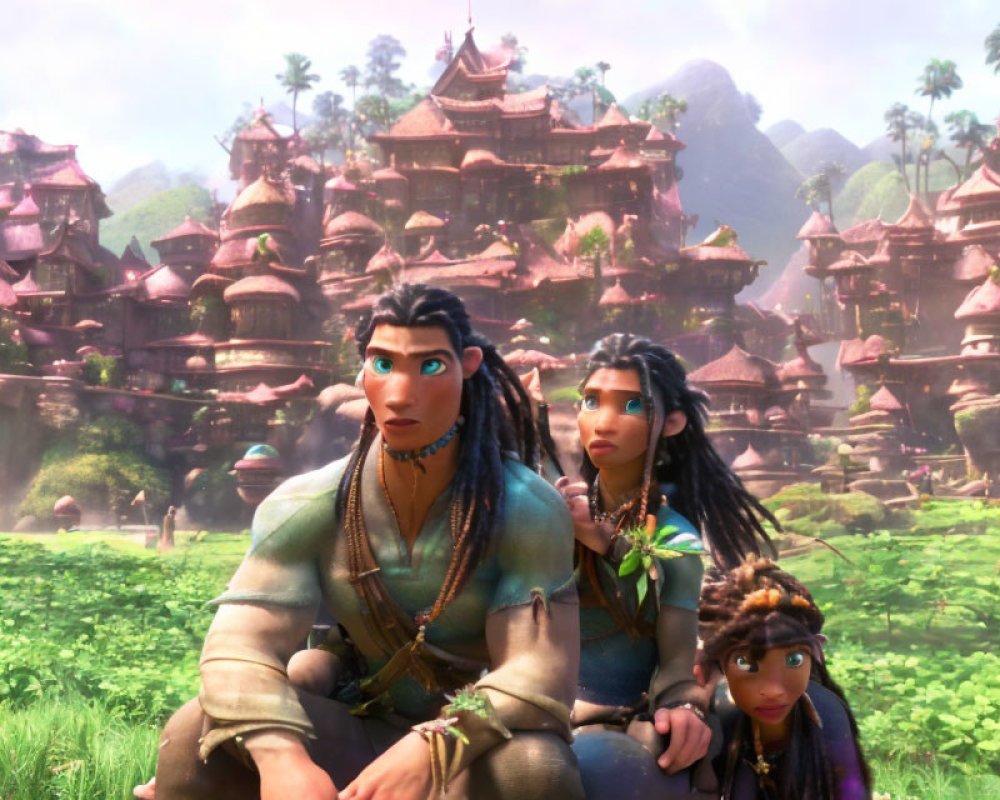 Animated characters in lush green landscape with traditional-style buildings